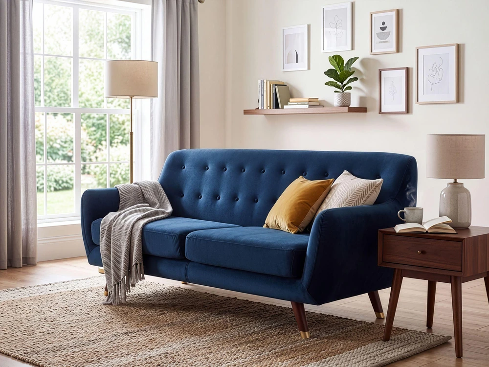 Beliani Trivietė sofa BODO, veliūras, tamsiai mėlyna