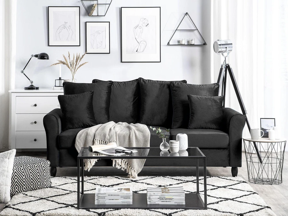 Beliani Trivietė sofa BORNHOLM, veliūrinė, juoda