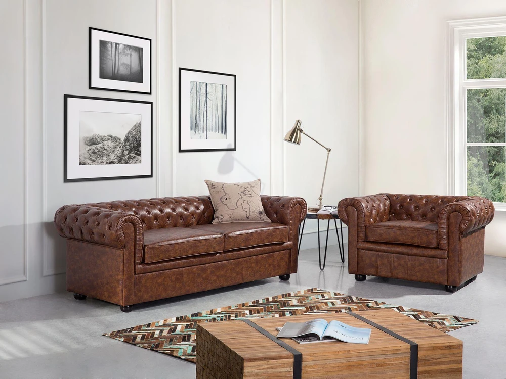 Beliani Trivietė sofa CHESTERFIELD dirbtinė oda aukso ruda