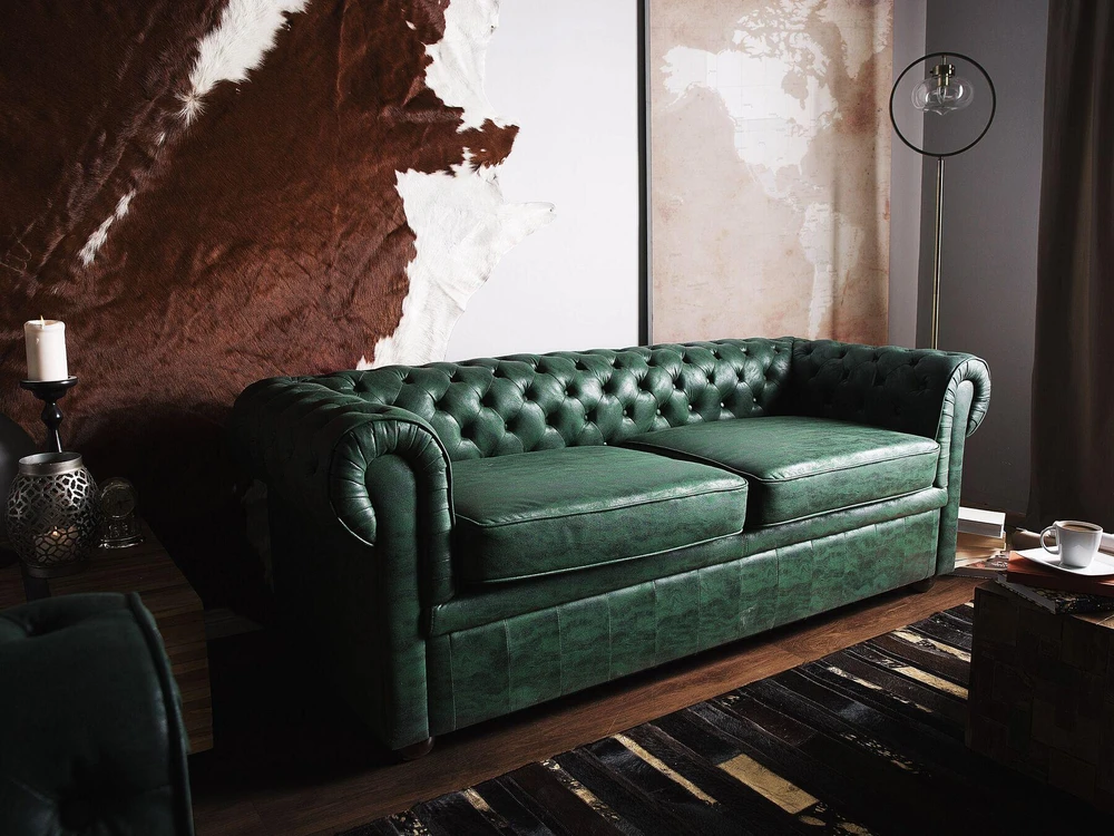 Beliani Trivietė sofa CHESTERFIELD iš ekologiškos odos, žalia