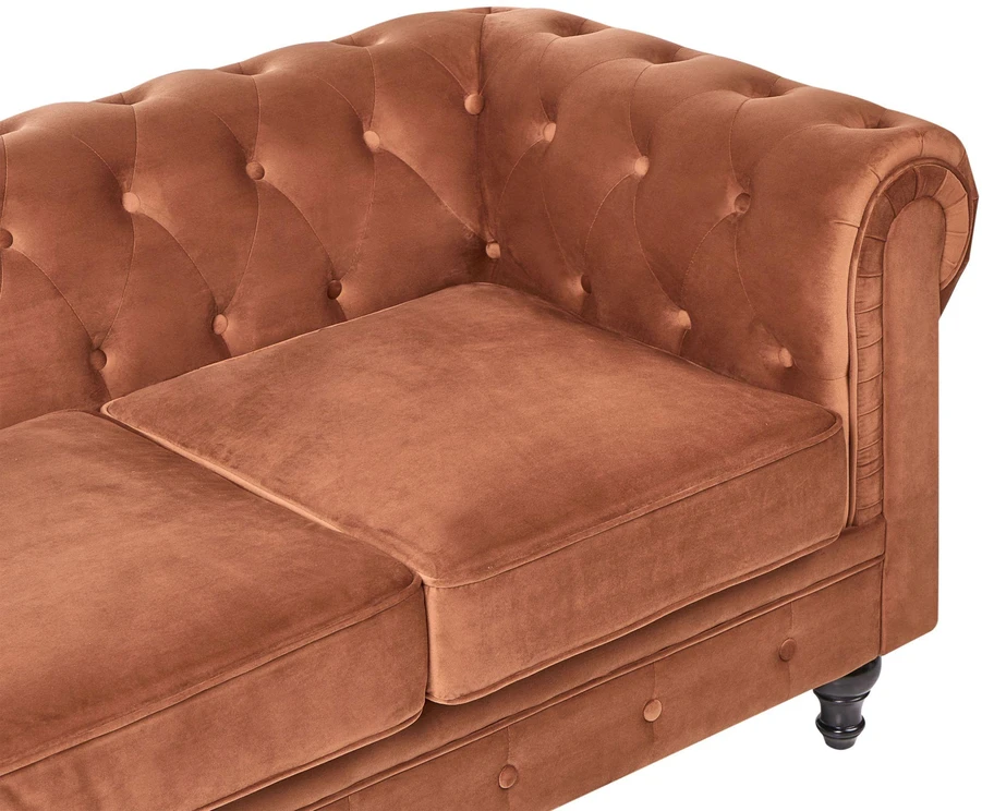 Beliani Trivietė sofa CHESTERFIELD veliūrinė, auksinės rudos spalvos