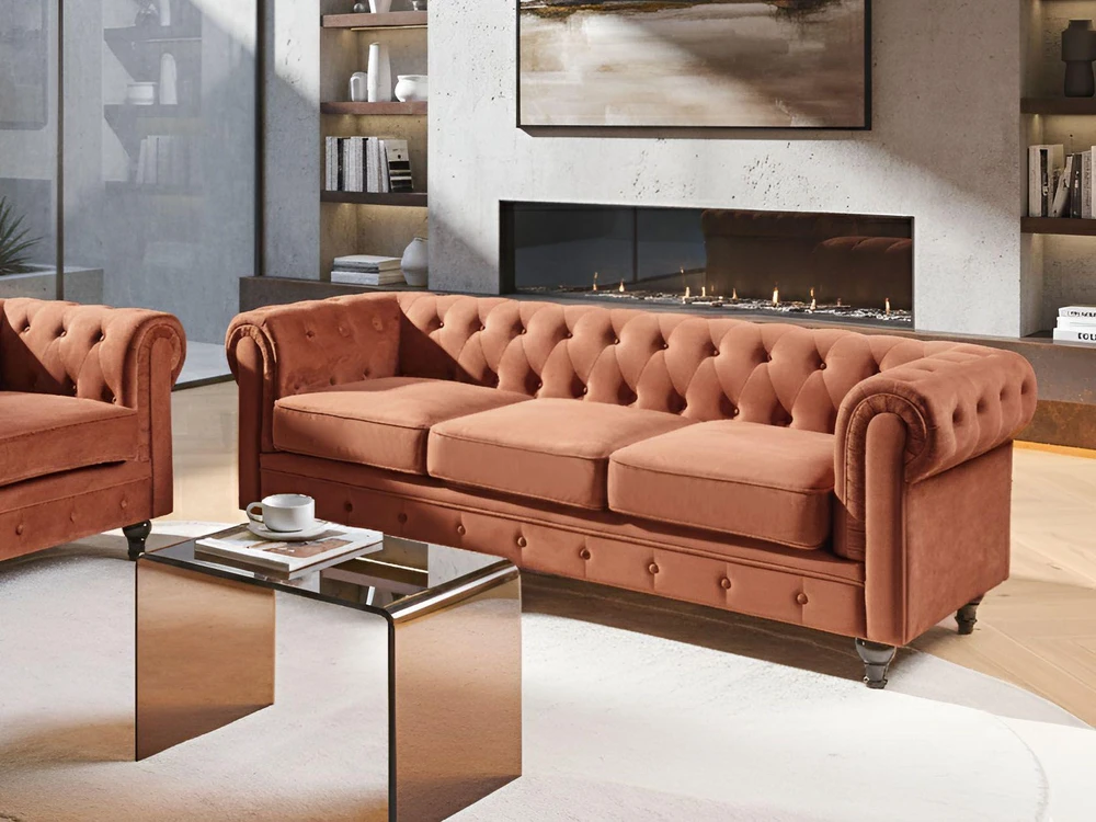 Beliani Trivietė sofa CHESTERFIELD veliūrinė, auksinės rudos spalvos