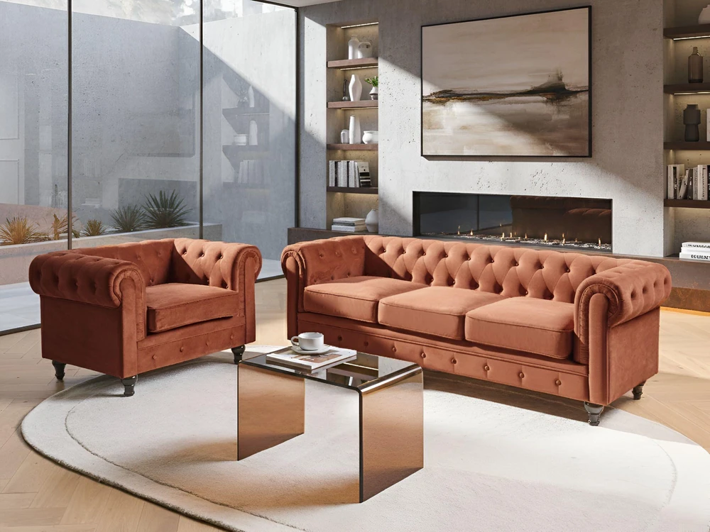 Beliani Trivietė sofa CHESTERFIELD veliūrinė, auksinės rudos spalvos