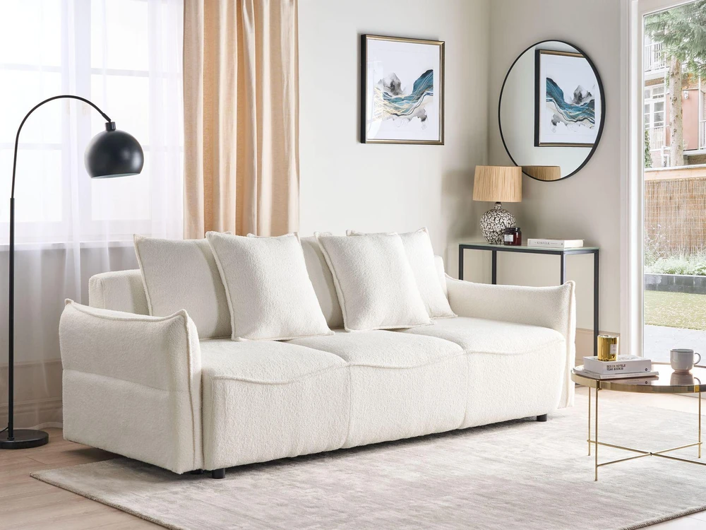 Beliani Trivietė sofa-lova KRAMA, boucle balta su patalynės dėže