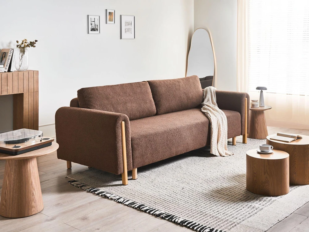 Beliani Trivietė sofa-lova KVAM Boucle ruda su daiktadėže