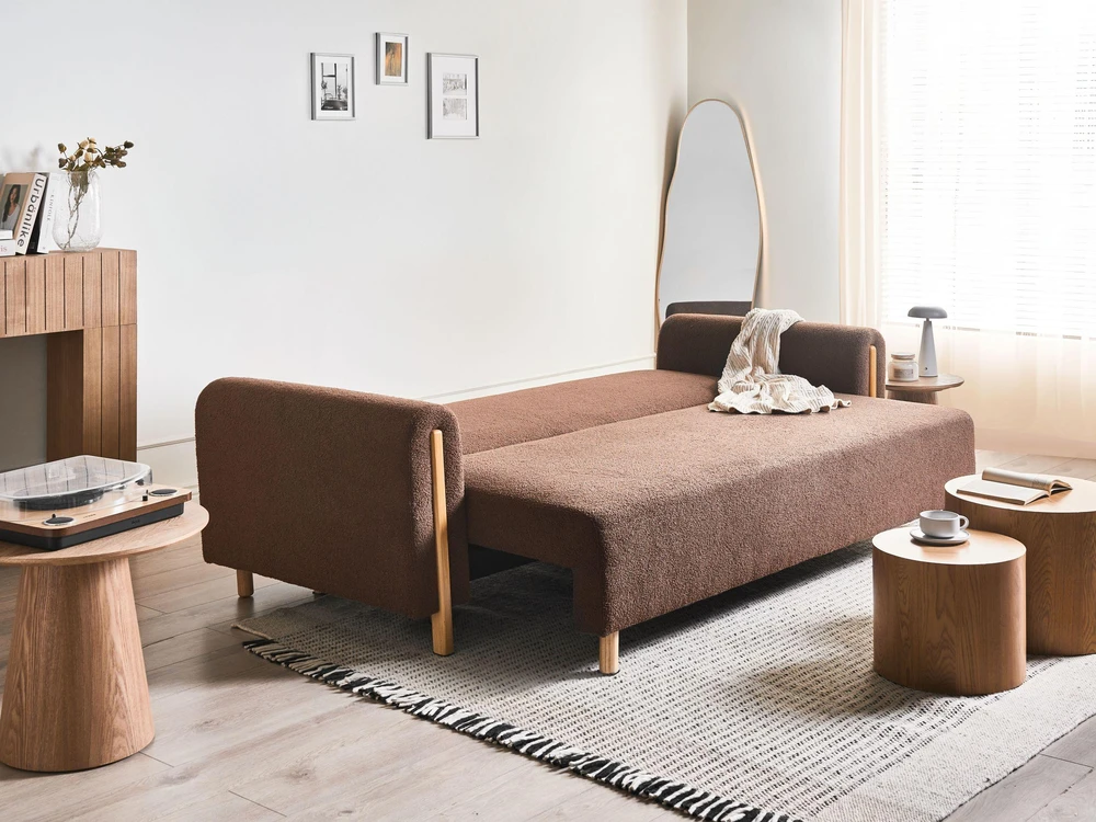 Beliani Trivietė sofa-lova KVAM Boucle ruda su daiktadėže