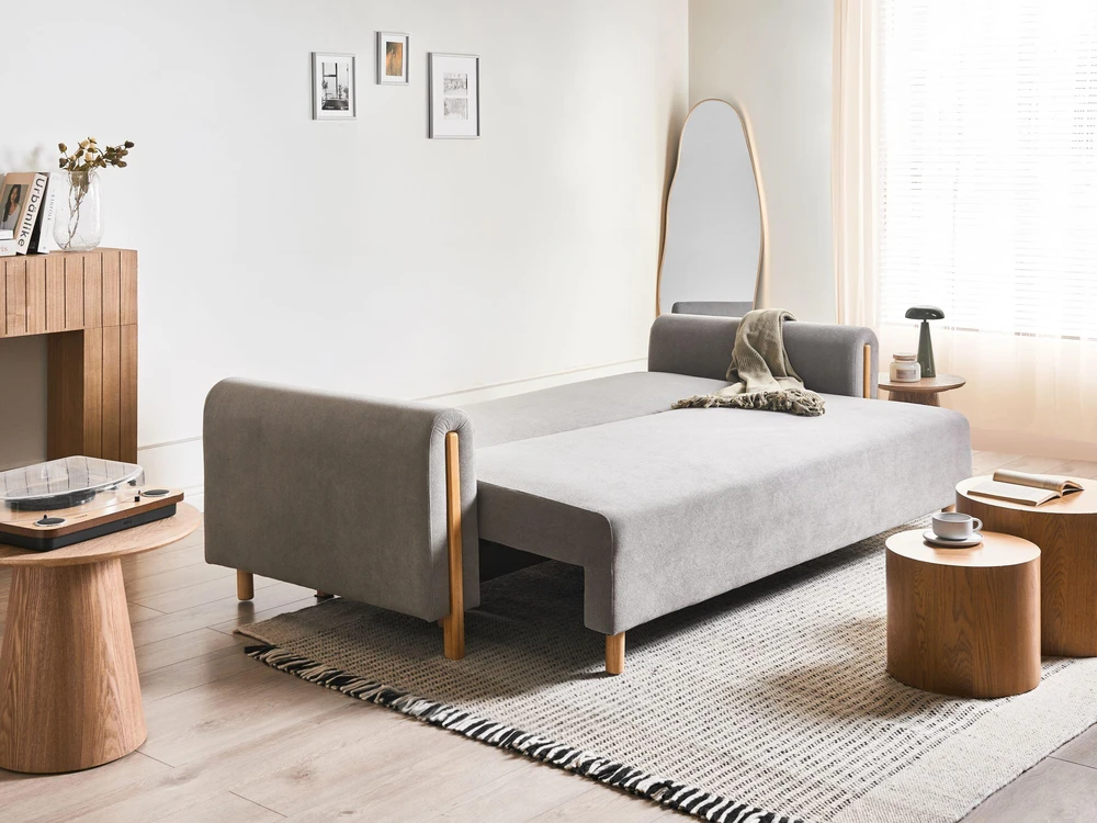 Beliani Trivietė sofa-lova KVAM, pilka, su patalynės dėže