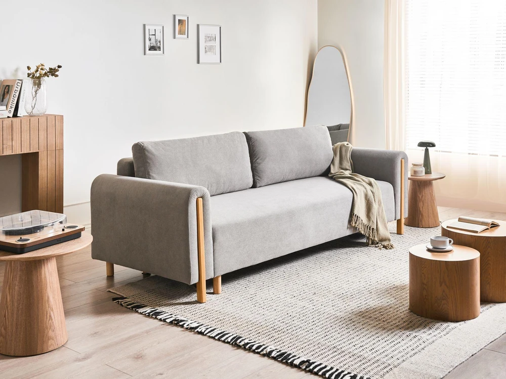 Beliani Trivietė sofa-lova KVAM, pilka, su patalynės dėže