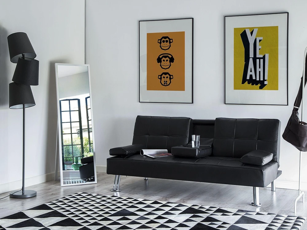 Beliani Trivietė sofa-lova ROXEN iš eko odos, juoda