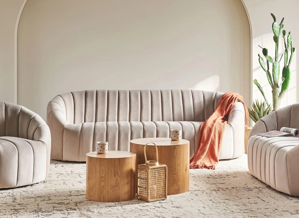 Beliani Trivietė sofa MALUNG, veliūrinė, smėlio spalvos