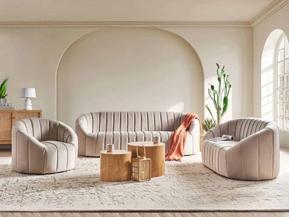 Beliani Trivietė sofa MALUNG, veliūrinė, smėlio spalvos