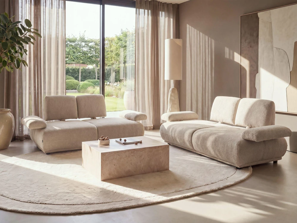 Beliani Trivietė sofa NACKA, buklė audinys, smėlio spalvos