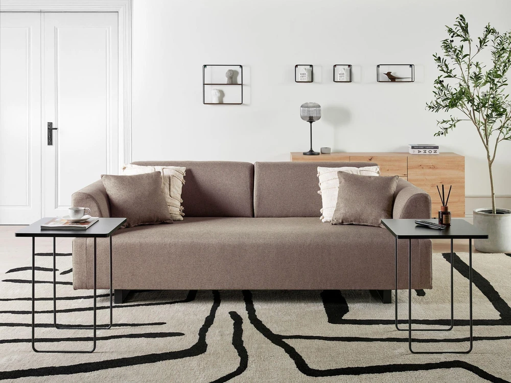 Beliani Trivietė sofa SOKNA smėlio ir pilkšvos spalvos su staliukais