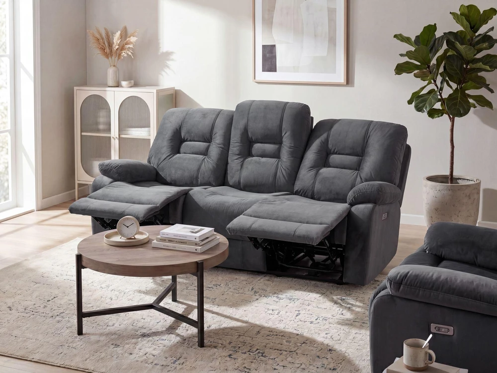 Beliani Trivietė sofa su elektrine relaksacijos funkcija BERGEN Velūras tamsiai pilka