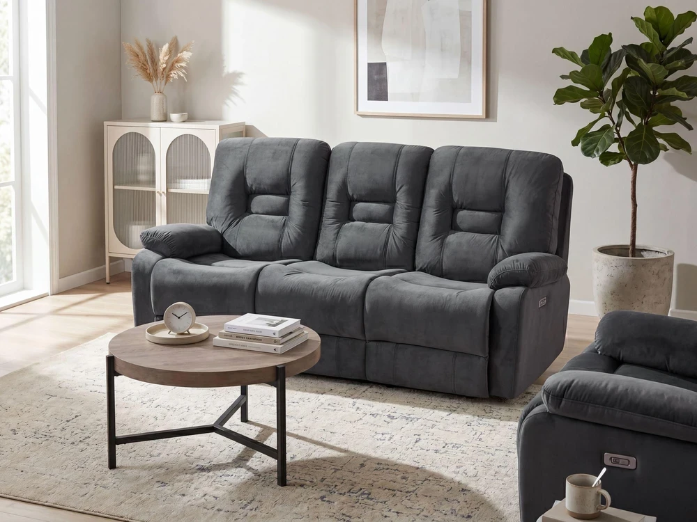 Beliani Trivietė sofa su elektrine relaksacijos funkcija BERGEN Velūras tamsiai pilka
