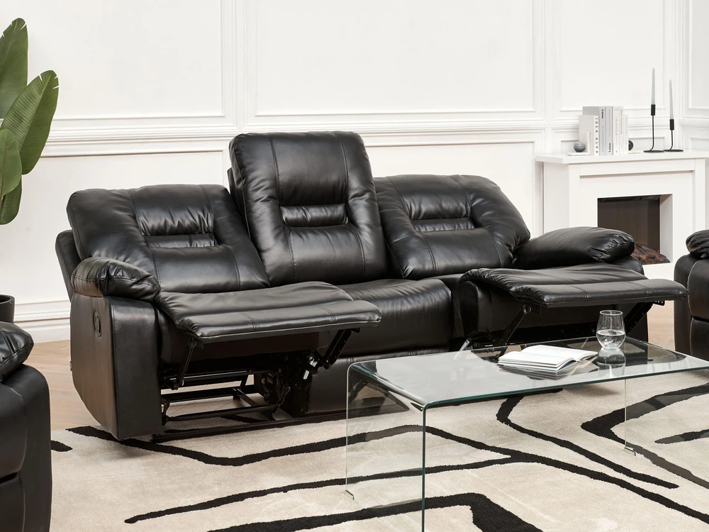 Beliani Trivietė sofa su mechanine atsipalaidavimo funkcija BERGEN odos pakaitalas juoda