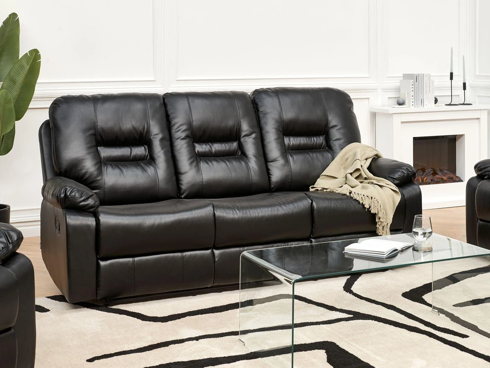 Beliani Trivietė sofa su mechanine atsipalaidavimo funkcija BERGEN odos pakaitalas juoda
