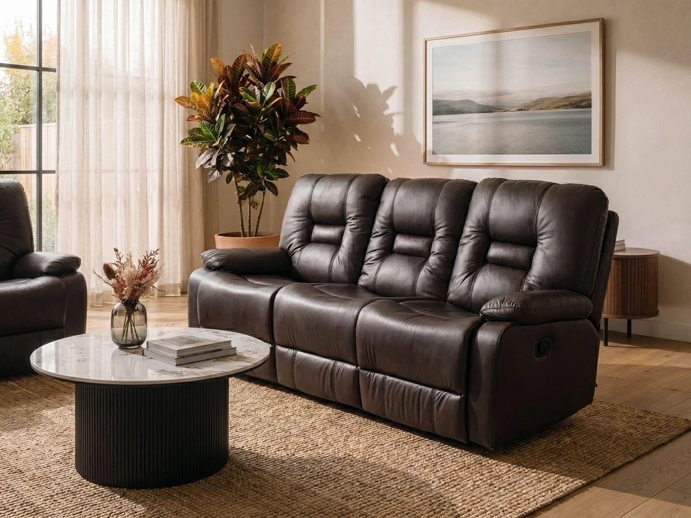 Beliani Trivietė sofa su rankiniu poilsio mechanizmu BERGEN, ekologiška oda, ruda