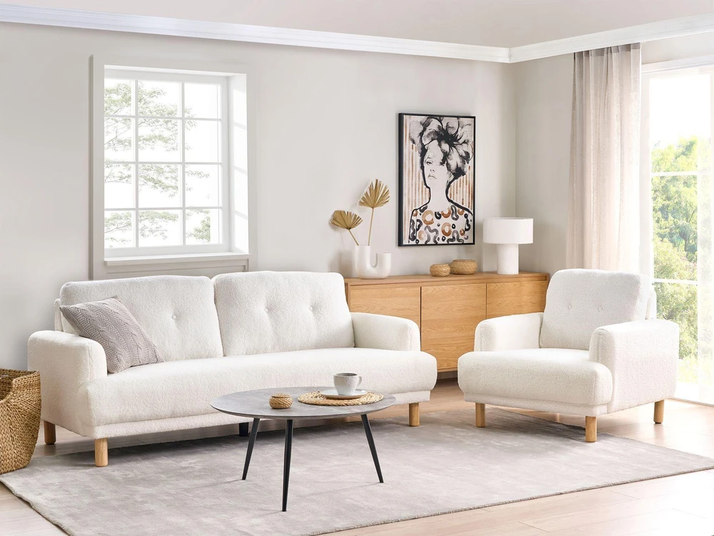 Beliani Trivietė sofa TUVE, balta boucle medžiaga