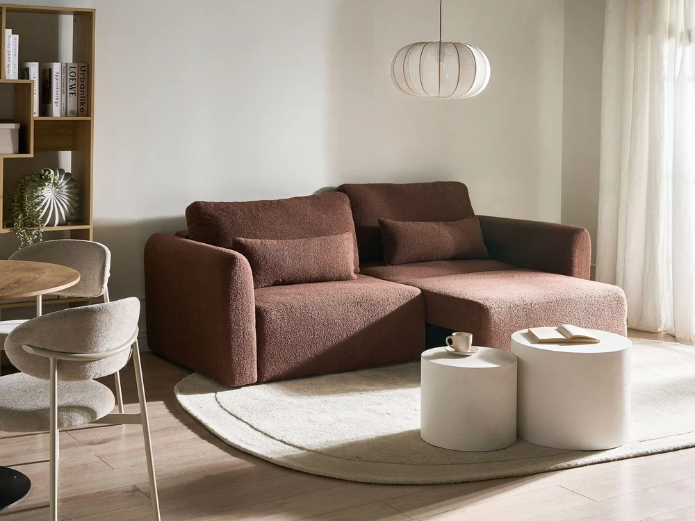Beliani Trivietė sofa VAXHOLM Boucle ruda su daiktadėže