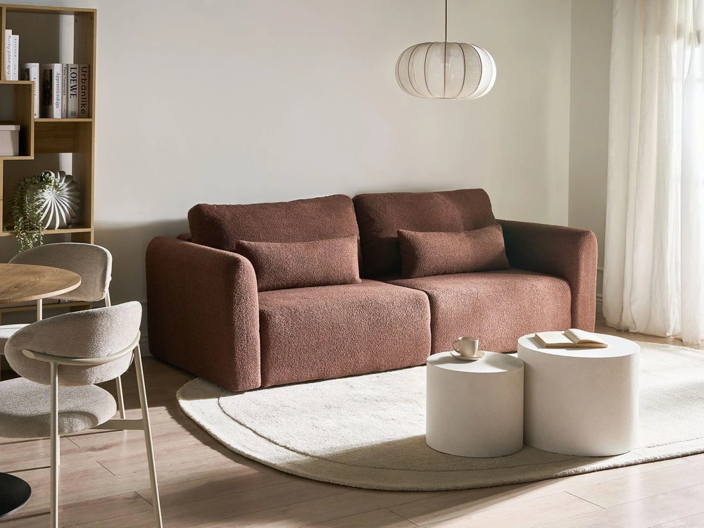 Beliani Trivietė sofa VAXHOLM Boucle ruda su daiktadėže