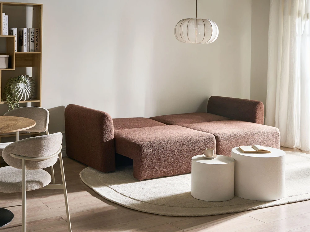 Beliani Trivietė sofa VAXHOLM Boucle ruda su daiktadėže