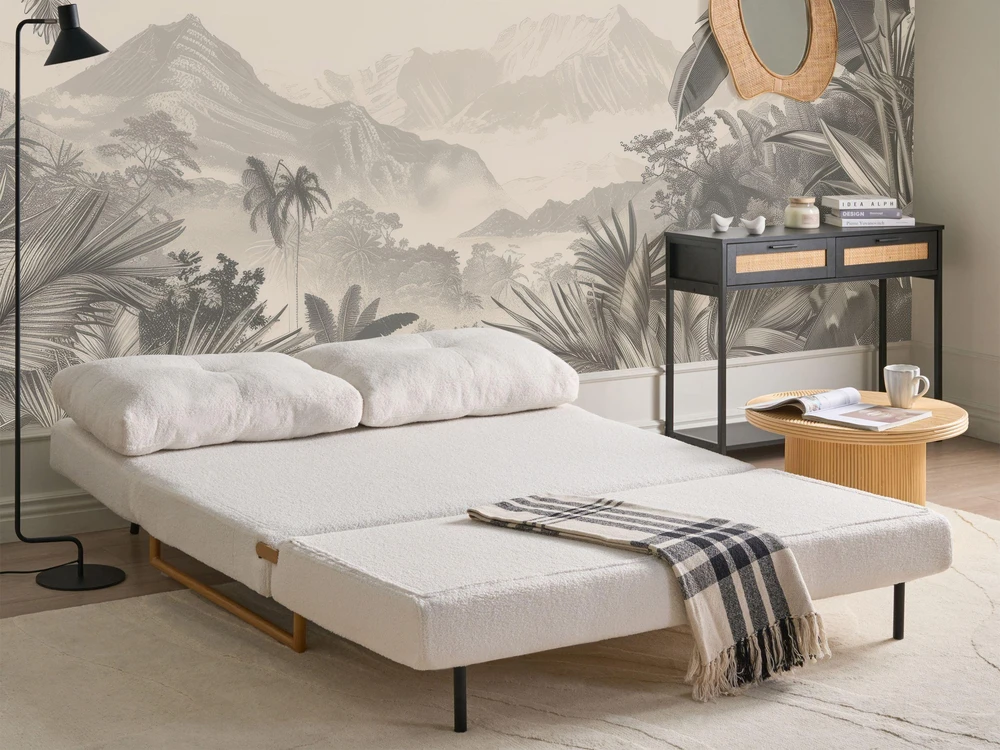 Beliani Tvivietė sofa lova JERSLEV Boucle, kreminės spalvos