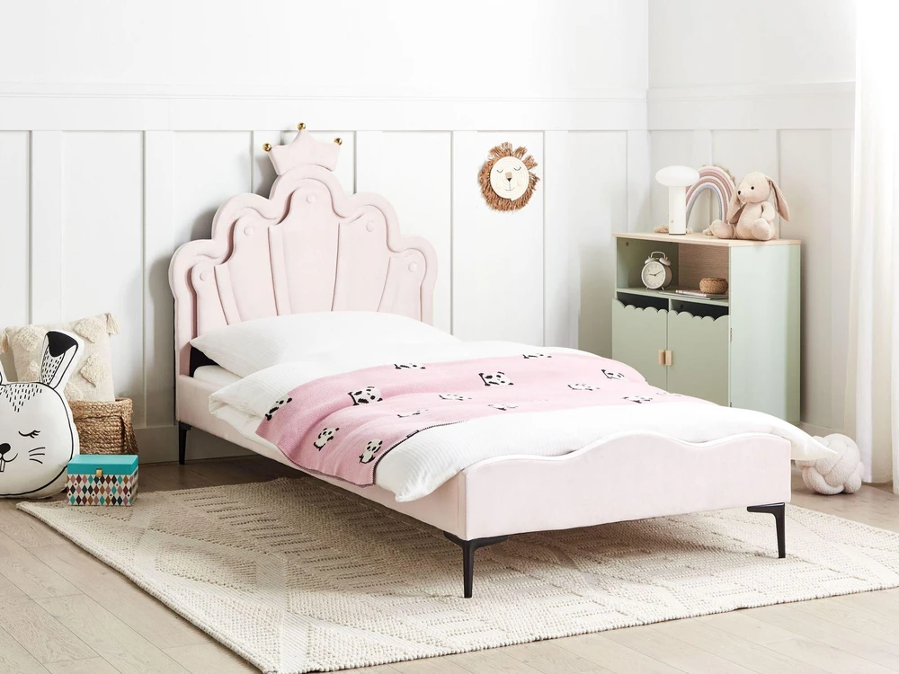 Beliani Vaikiška lova su karūna veliūrinė RUBIAN 90 x 200 cm su LED rožinė
