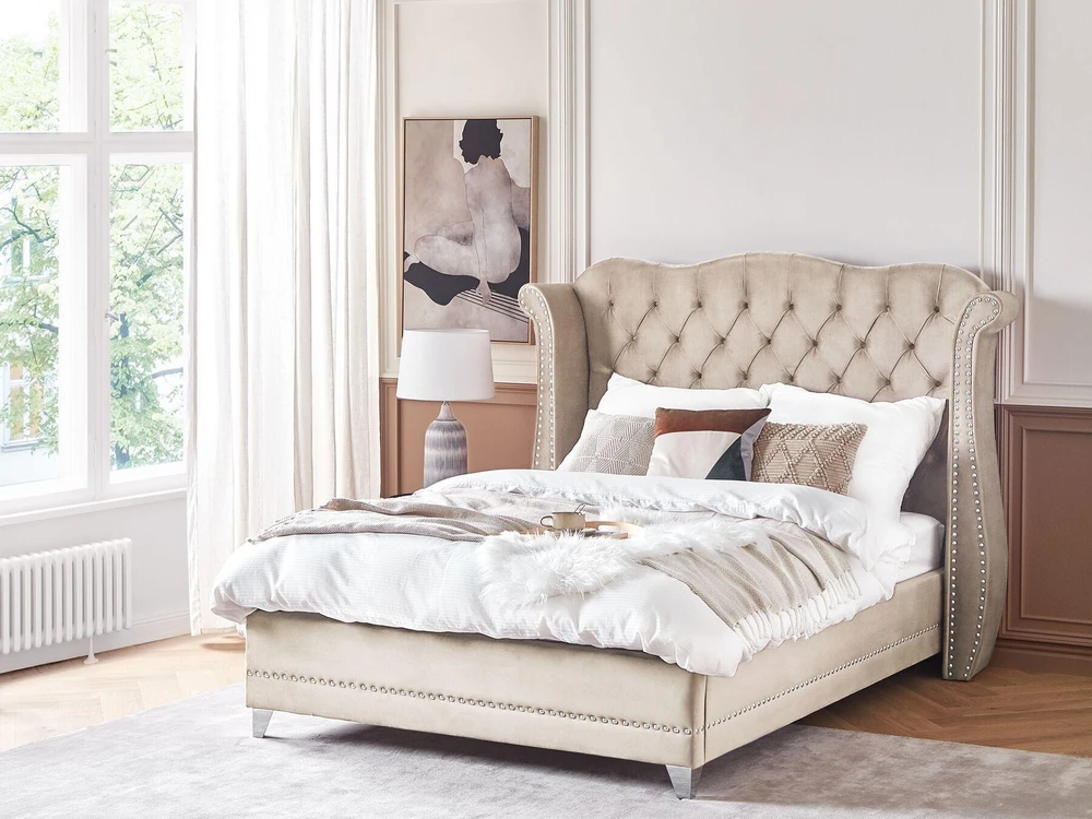 Beliani Velvetinė lova AYETTE 140 x 200 cm smėlio spalvos