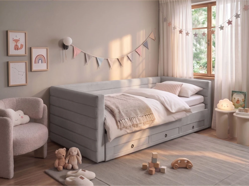 Beliani Viengulė lova su stalčiais veliurinė MEUDON 90 x 200 cm pilka