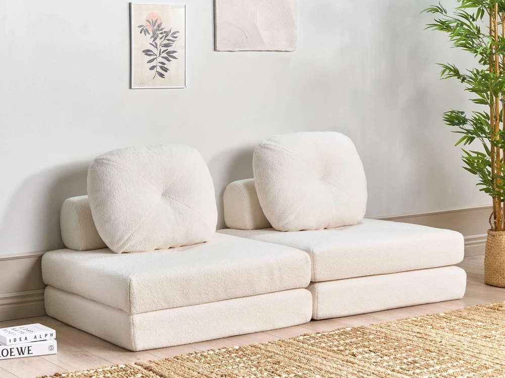 Beliani Vienvietė išskleidžiama sofa OLDEN Boucle balta