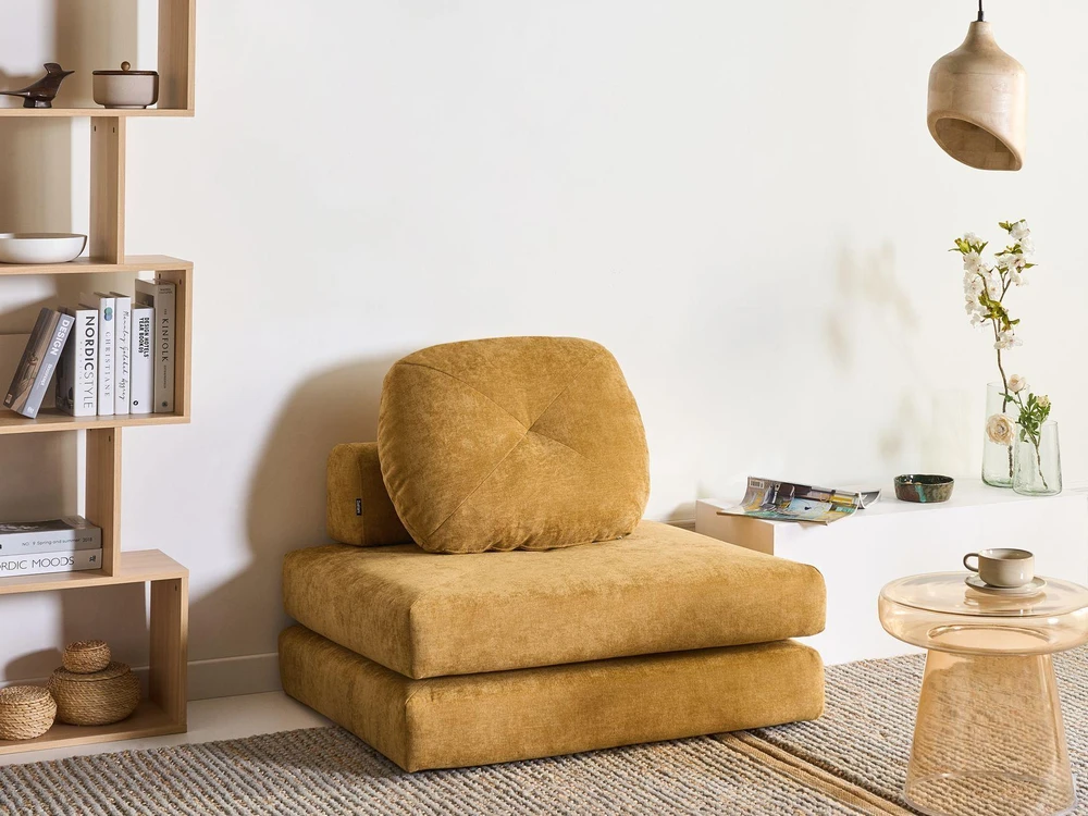 Beliani Vienvietė išskleidžiama sofa OLDEN, geltonas šenilinis audinys