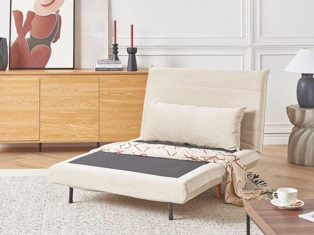 Beliani Vienvietė išskleidžiama sofa SETTEN, veliūras, šviesiai smėlio spalvos