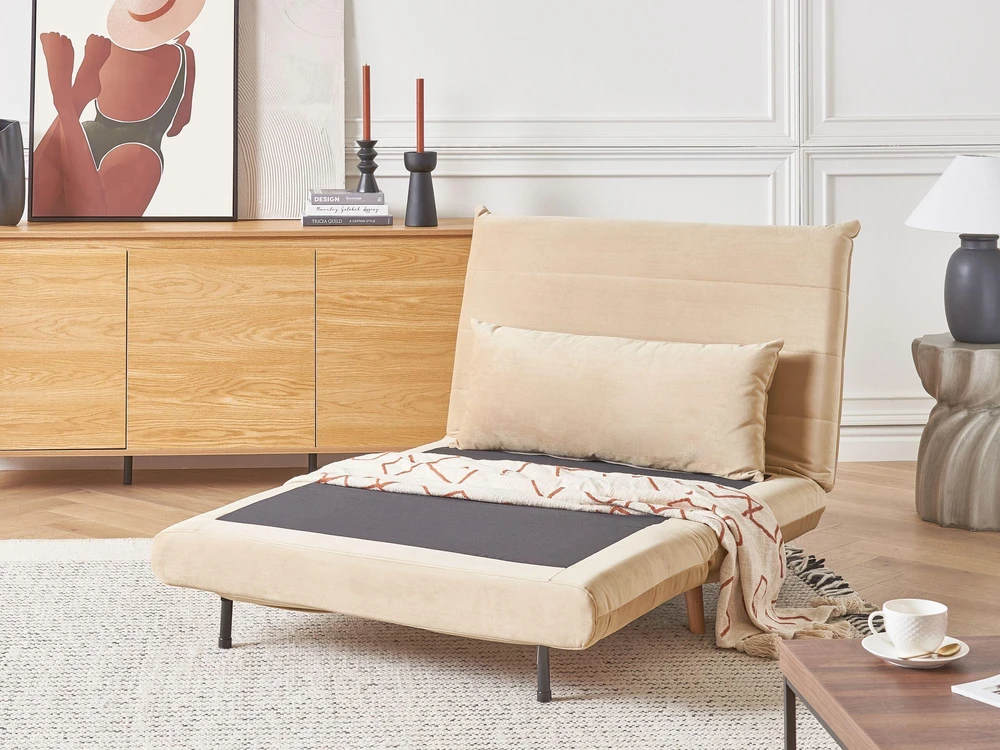 Beliani Vienvietė išskleidžiama sofa SETTEN, veliūras, smėlio spalvos