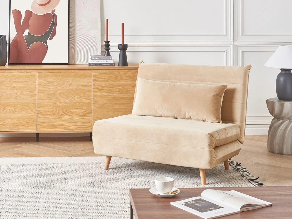 Beliani Vienvietė išskleidžiama sofa SETTEN, veliūras, smėlio spalvos
