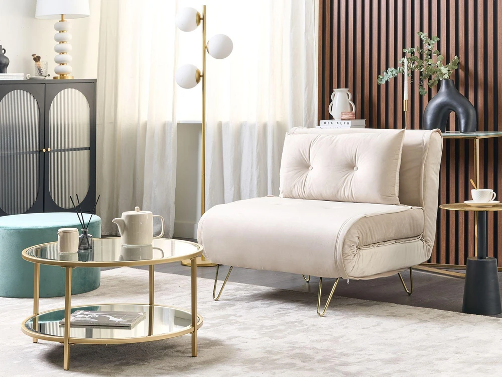 Beliani Vienvietė išskleidžiama sofa VESTFOLD, veliūrinė, smėlio spalvos