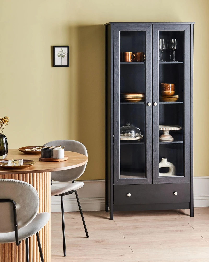 Beliani Vitrina su stikline dalimi NORNALUP 80 cm, juoda