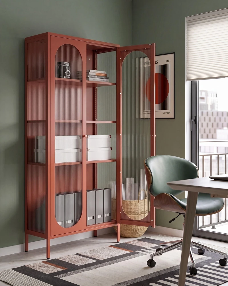 Beliani Vitrina su stikline spintele FOXTON Metal 80 cm, auksinė ruda