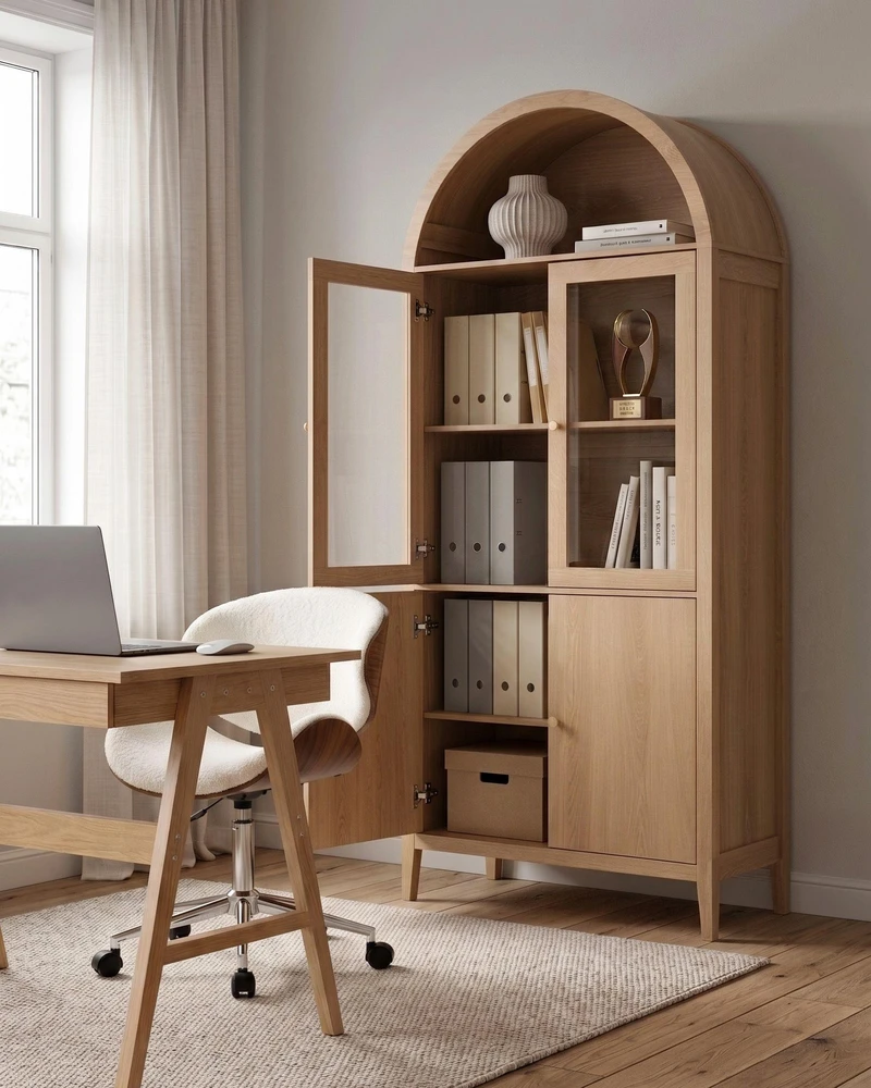 Beliani Vitrina su stikline spintele MONTREAL 78 cm, šviesiai ruda