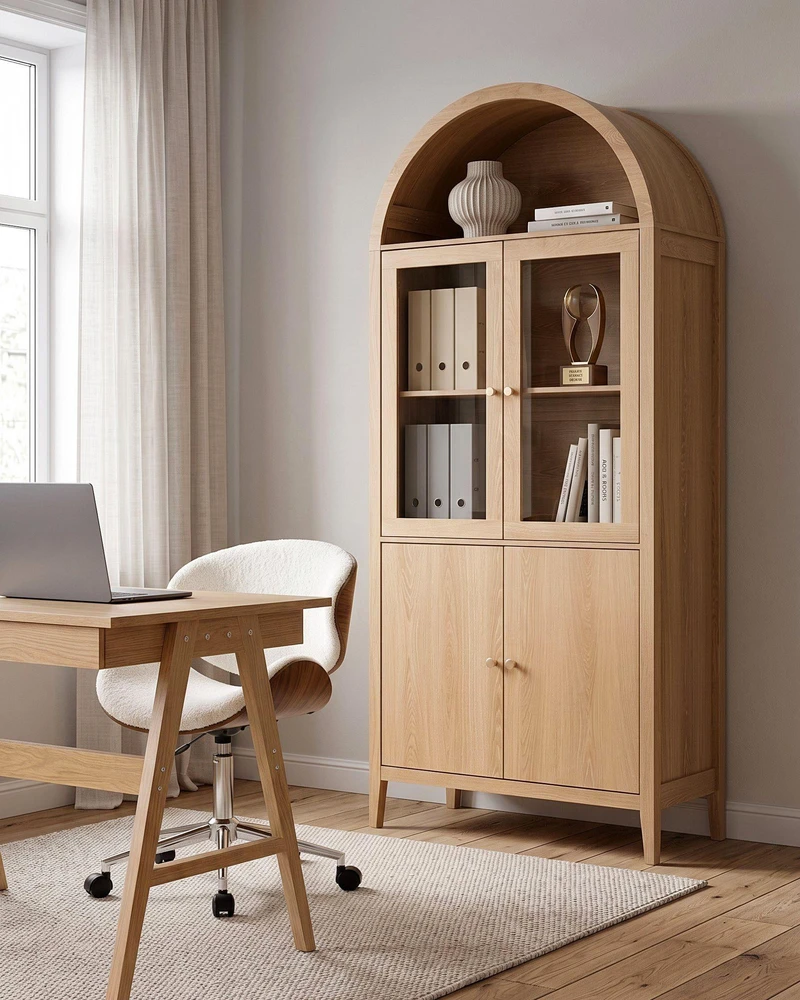 Beliani Vitrina su stikline spintele MONTREAL 78 cm, šviesiai ruda