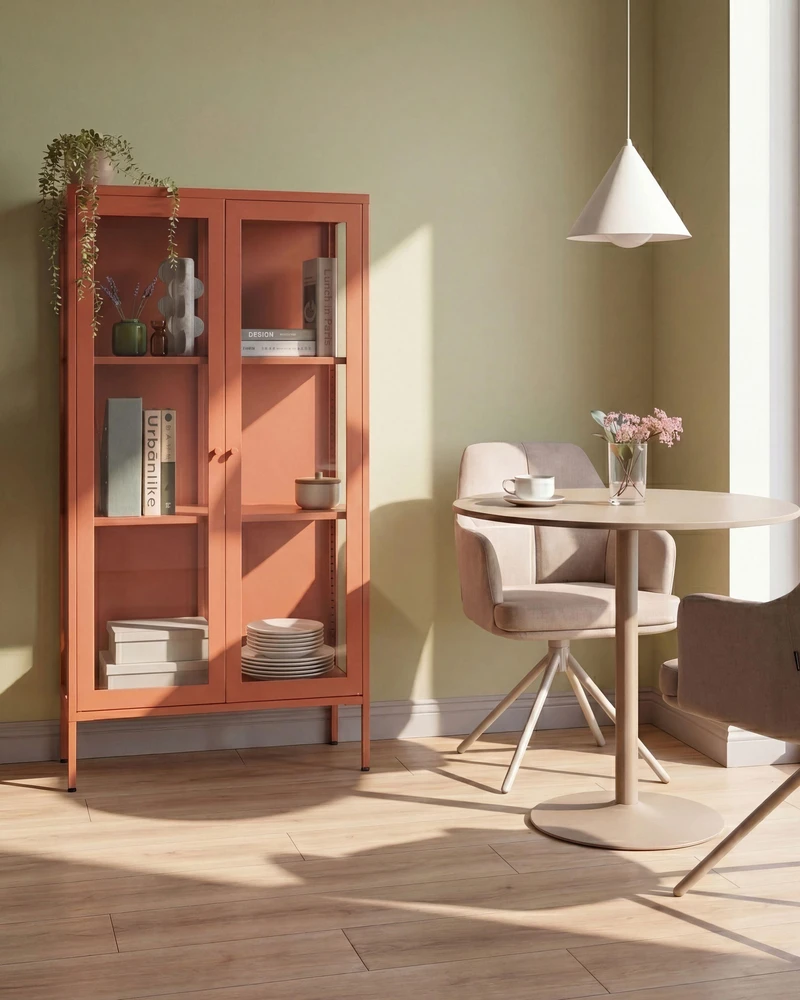 Beliani Vitrina su stikline spintele NASH metalinė 90 cm aukso ruda