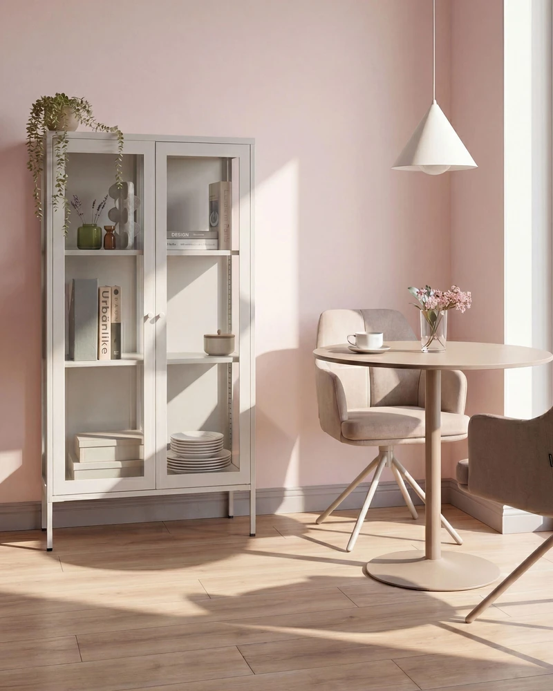 Beliani Vitrina su stikline spintele NASH Metal 90 cm šviesiai smėlio spalvos
