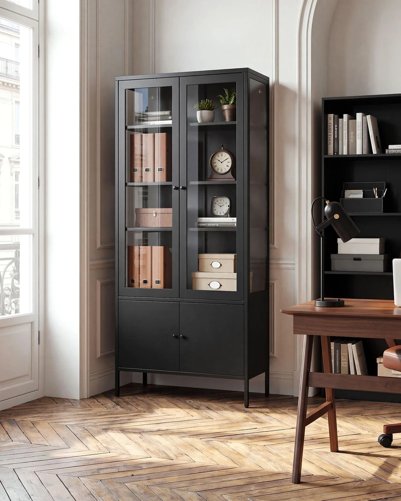 Beliani Vitrina su stikline spintele OXTED, 80 cm, metalinė, juoda