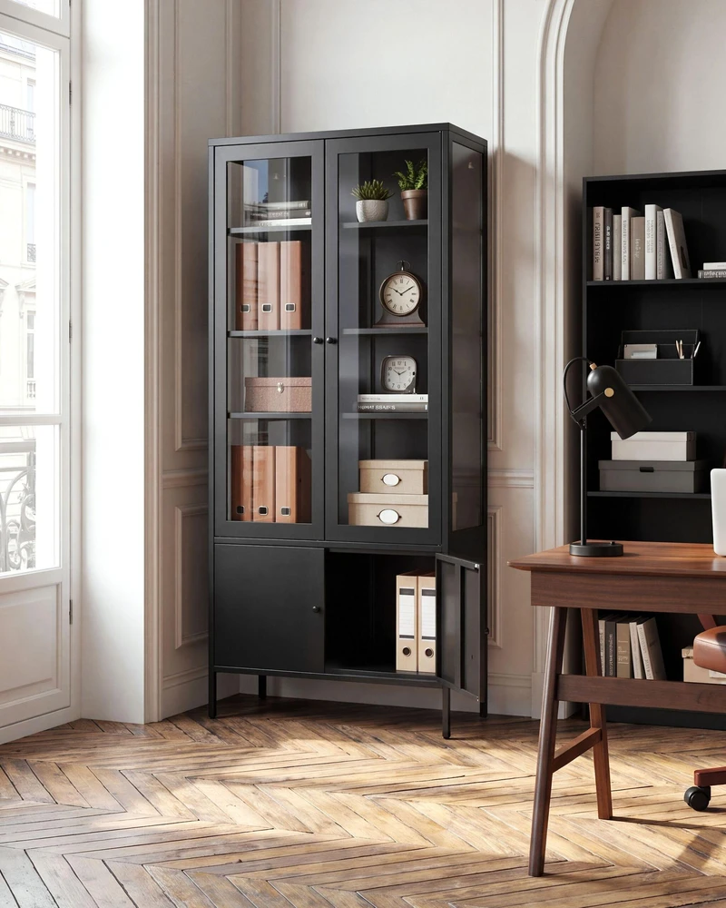 Beliani Vitrina su stikline spintele OXTED, 80 cm, metalinė, juoda