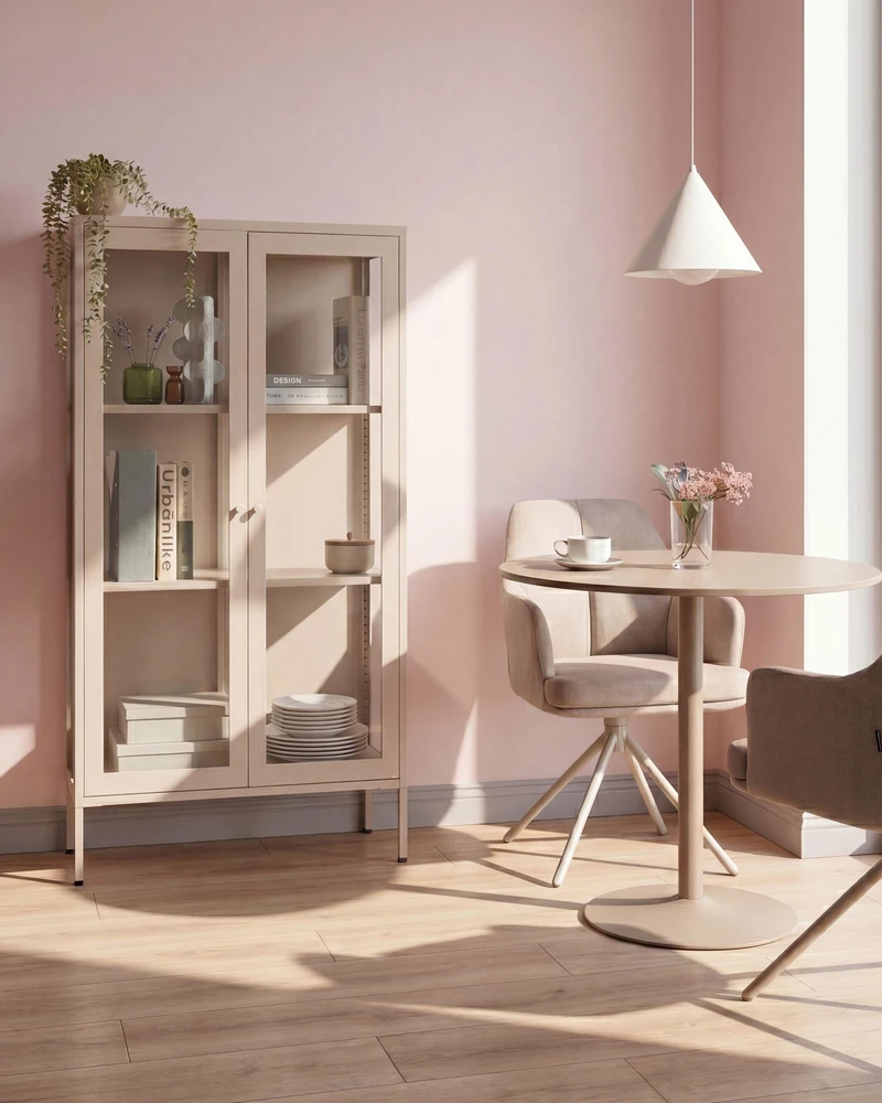 Beliani Vitrina su stiklinėmis durelėmis NASH Metal 90 cm smėlio spalvos