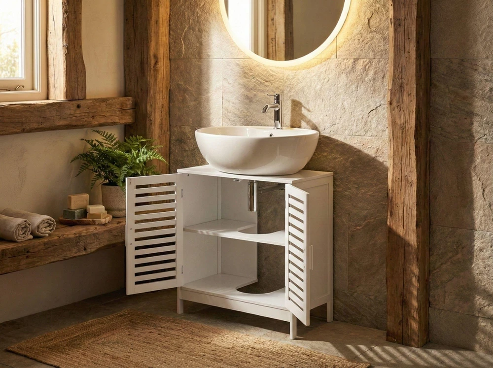 Beliani Vonios kambario spintelė po praustuvu MISSOULA bambukinė, 60 cm, balta