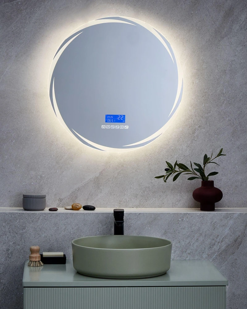 Beliani Vonios kambario veidrodis su LED apšvietimu TANAY 60 cm 60 cm su įmontuotu Bluetooth garsiakalbiu sidabrinis