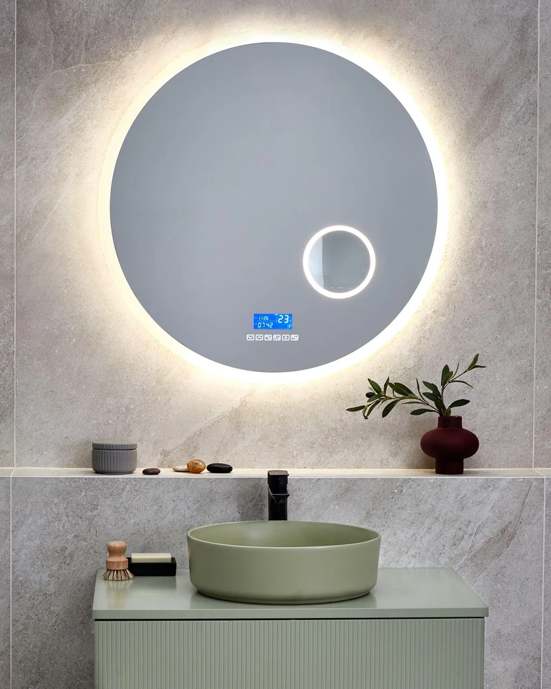 Beliani Vonios veidrodis LED FIXIN 80 cm 80 cm su integruotu Bluetooth garsiakalbiu, sidabrinis