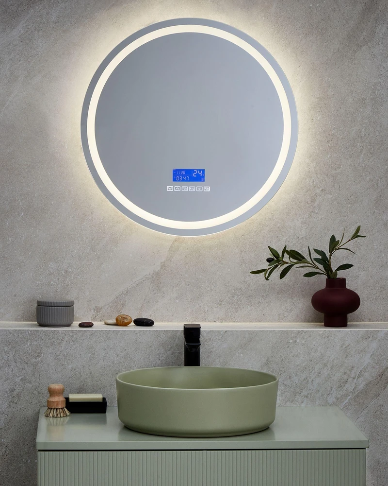 Beliani Vonios veidrodis su LED apšvietimu BROGNON 60 cm, integruotas „Bluetooth“ garsiakalbis, sidabrinis