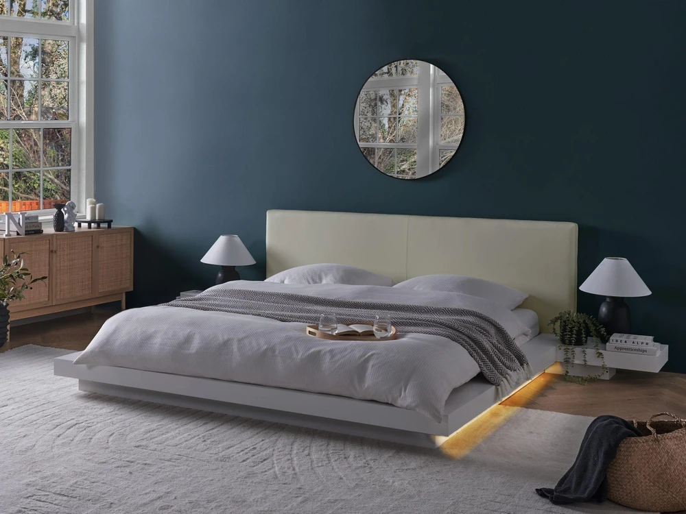 Beliani ZEN LED dvigulė lova iš dirbtinės odos, 180 x 200 cm, balta